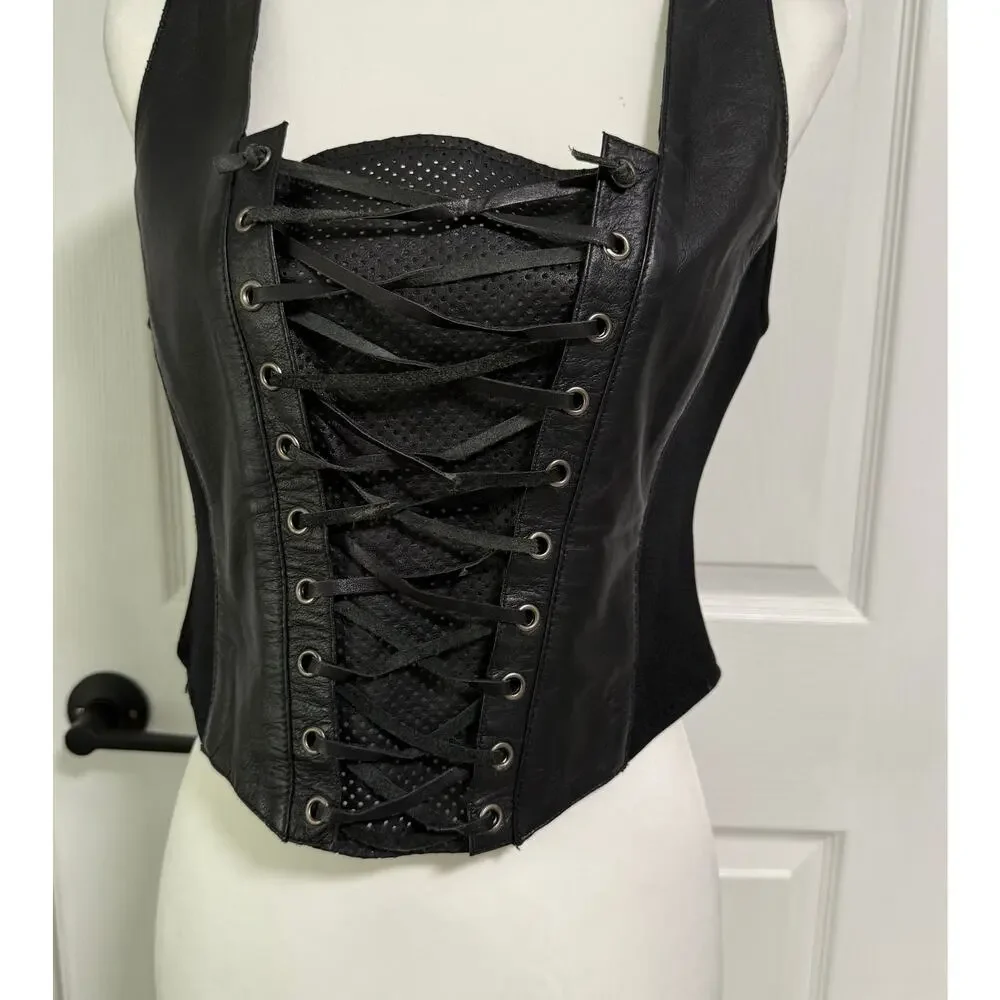 First Genuine Leather Women's Black Lace Up Corset Vest Size Medium - Picture 3 of 12